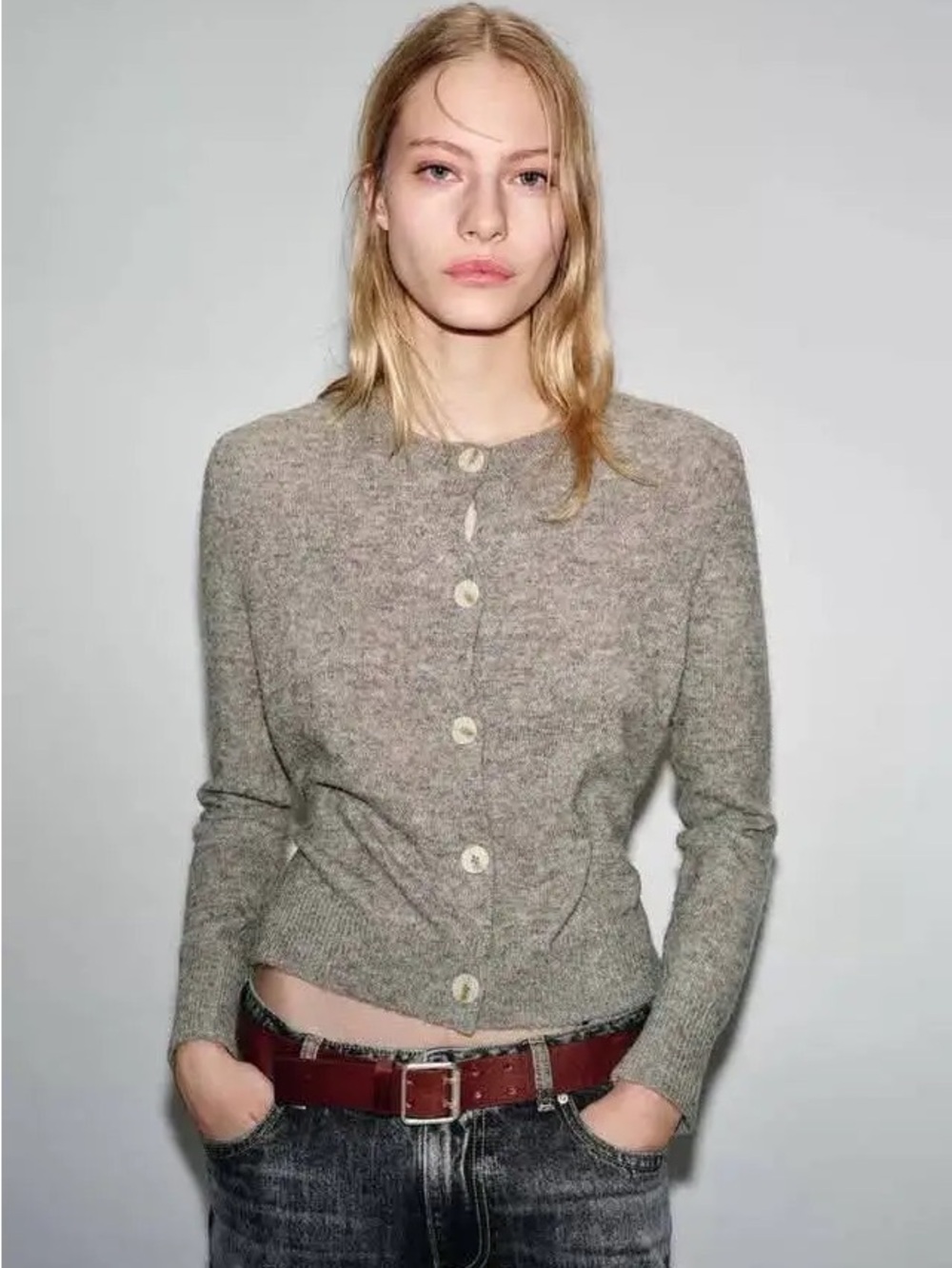 Zara combination knit cardigan with belt gray marl